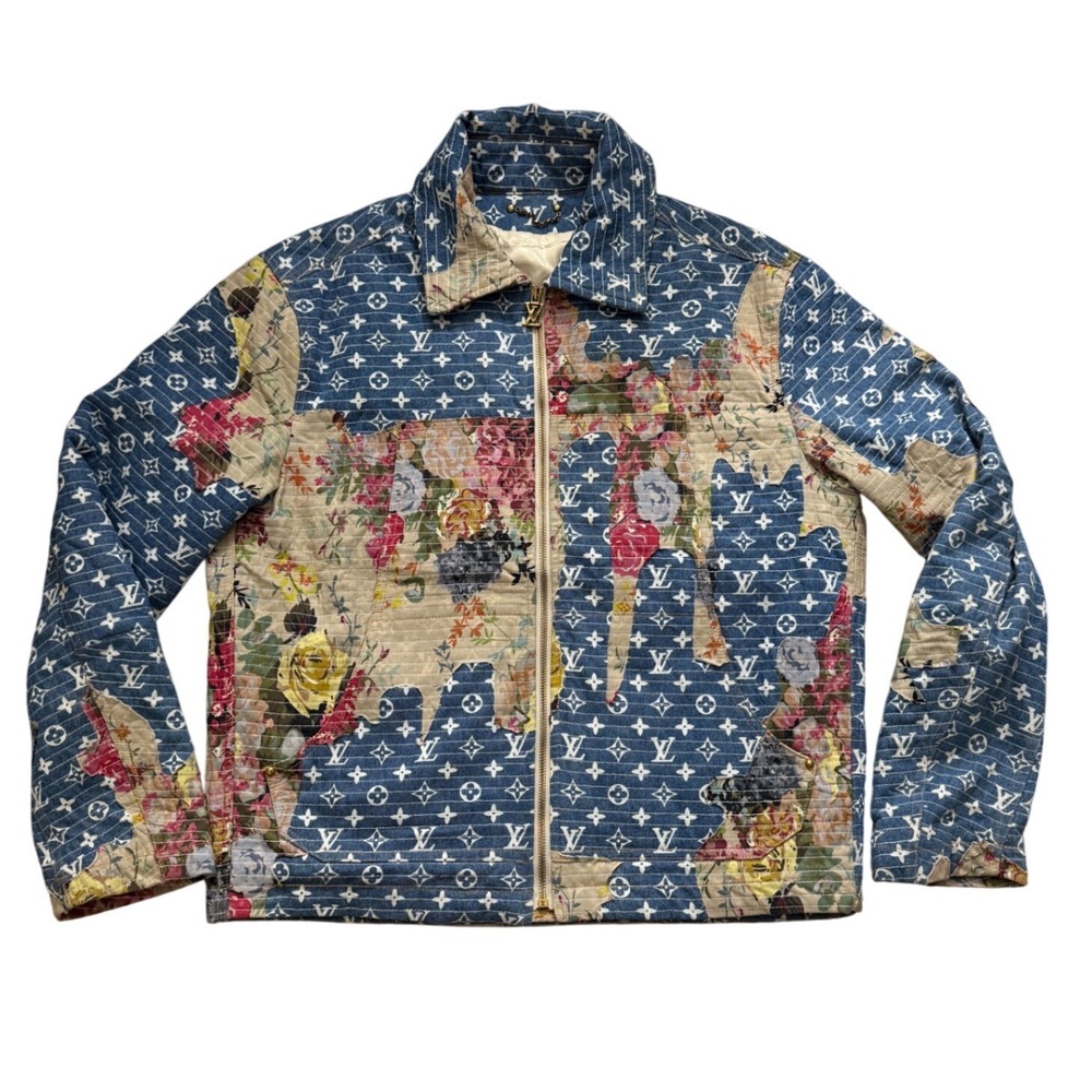 LV Monogram Denim Floral Tapestry Quilted Zip Jacket Blue Mens